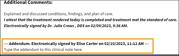 Clinical note with the signed addendum time and date stamped highlighted in yellow box.